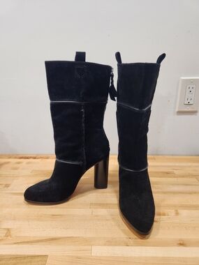 Cynthia Vincent Women's Black Suede Mid-Calf Block Heel Boots Size 10